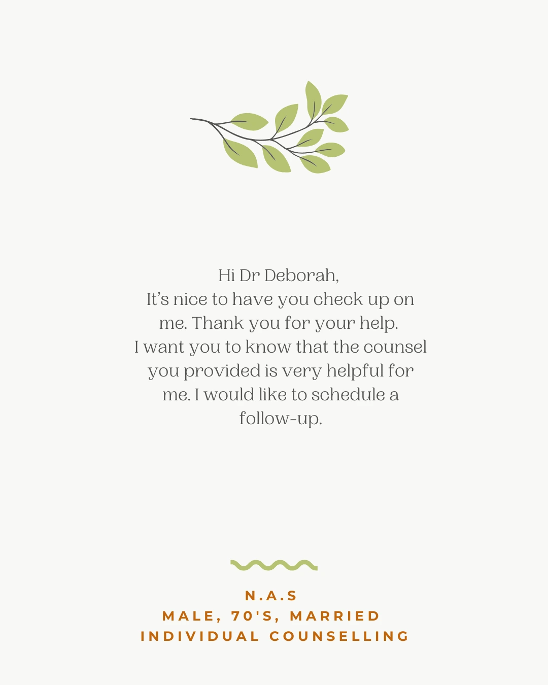 Client expressing gratitude for helpful counselling and requesting a follow-up session.