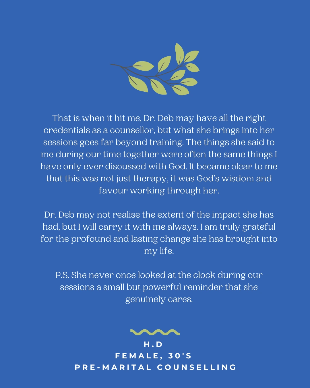 Pre-marital counselling feedback praising Dr Deborah’s care, spiritual wisdom, and personal attention.