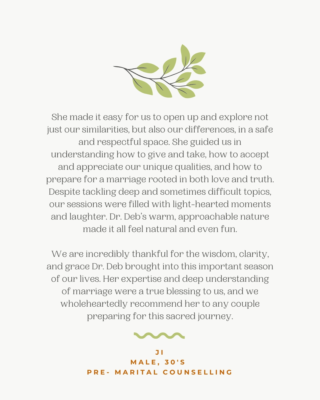 Insightful and light-hearted testimonial reflecting on pre-marital counselling filled with wisdom and laughter.