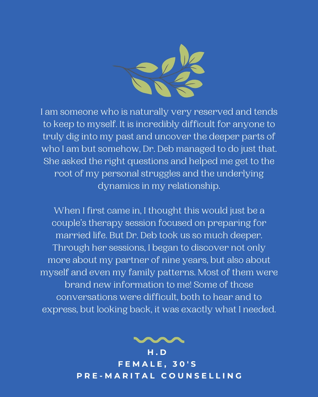 Testimonial on the spiritual depth and life-changing impact of pre-marital counselling with Dr Deborah.